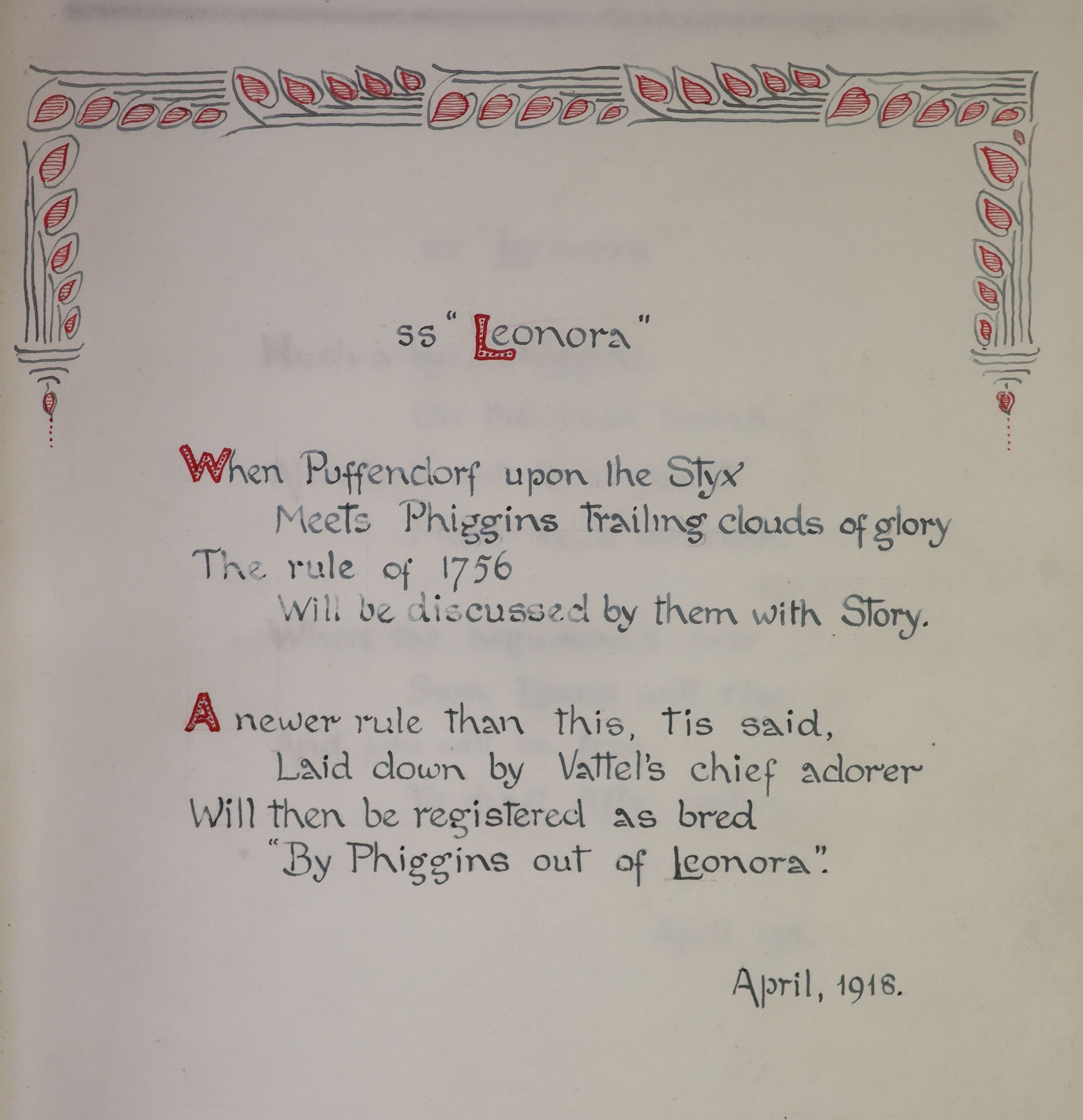 An early 20th century album of manuscript poetry and verse, in a fine calligraphic hand, mainly in black ink, with rubricated capitals, interspersed with 18 comical caricatures, drawn in black, red and blue pen and ink